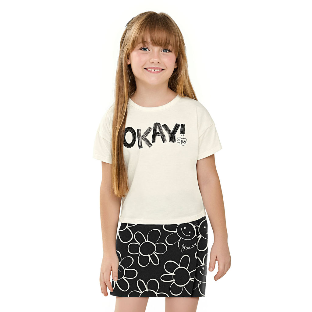 Conjunto Infantil Menina Blusa e Short Saia Floral Elian Bege