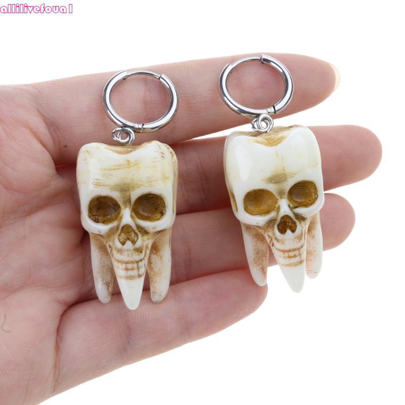 allilivefoua1 Elegante Gótico Crânio Dente Argola Brincos Punk Resina Jóias Femininas