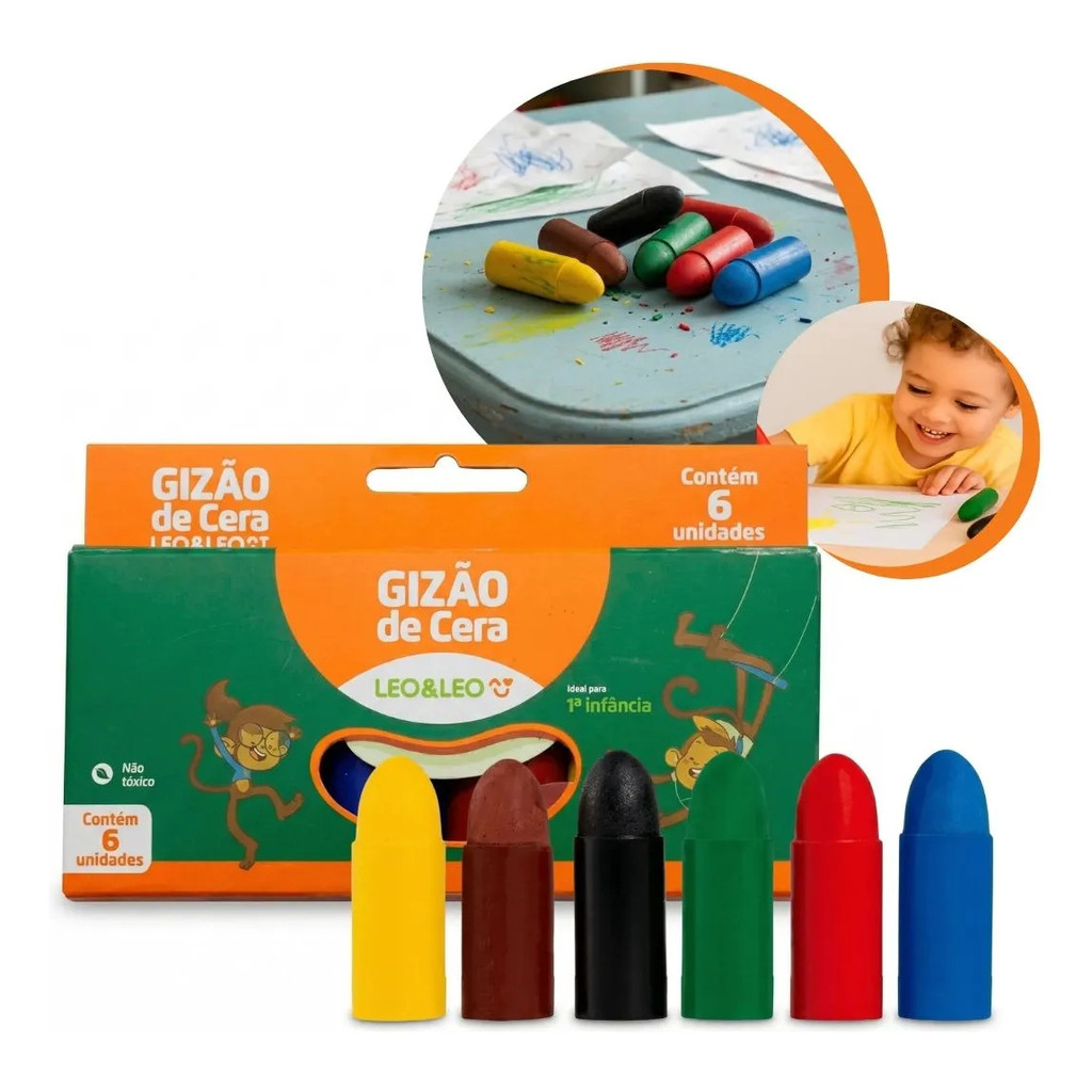 Giz De Cera 6 Cores Escolar Infantil Leo&leo Desenho Pintura
