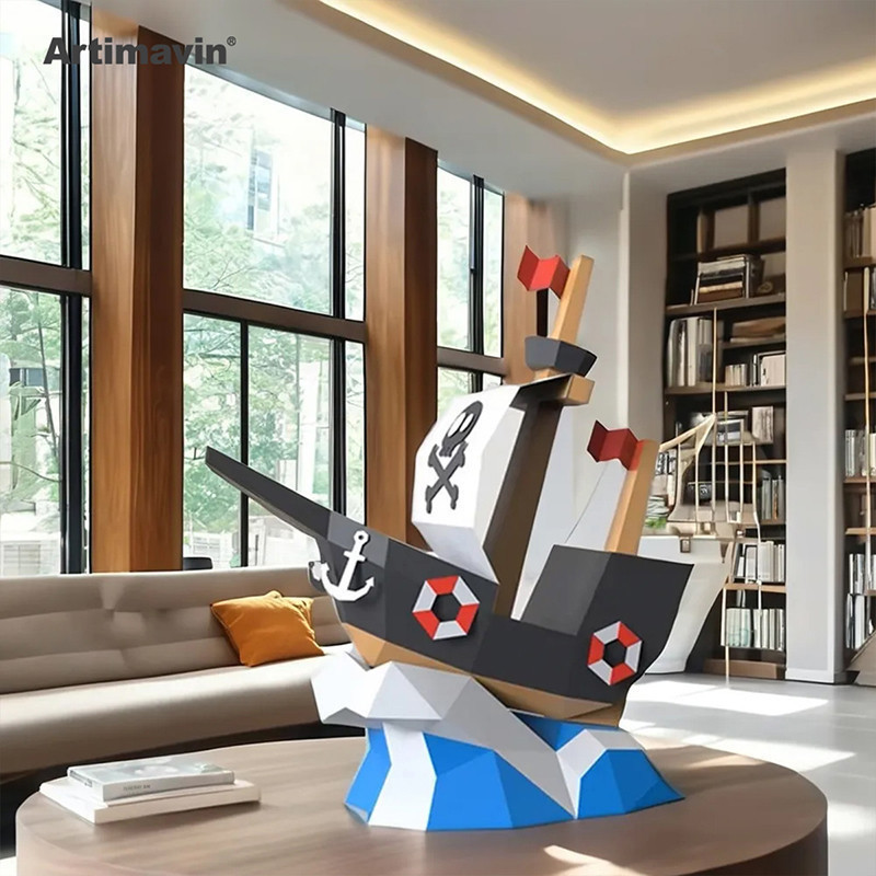 MOMO Molde de papel tridimensional Navio pirata Criativo DIY Modelo de escultura em papel tridimensional Decoração de Or