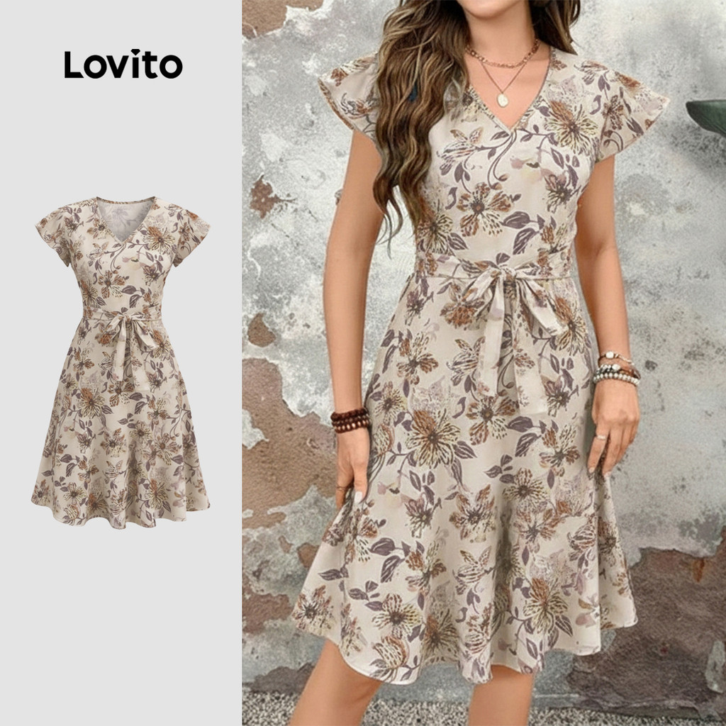 Lovito Elegante Vestido com cinto vestido primavera/verão para mulheres LK3ED1928