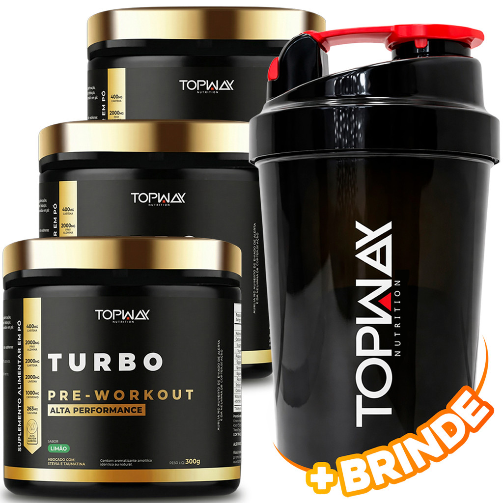 3x Topway Suplemento Pré Treino Workout Turbo Alta Performance 300g Sabor Limão + Coqueteleira