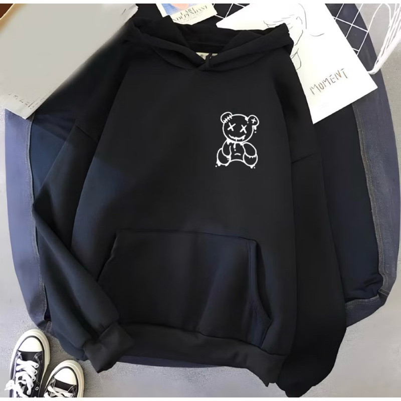 Blusa Moletom Capuz Canguru Algodão Estampado Casual Unissex Promoção Quentinho Frio Bege Urso