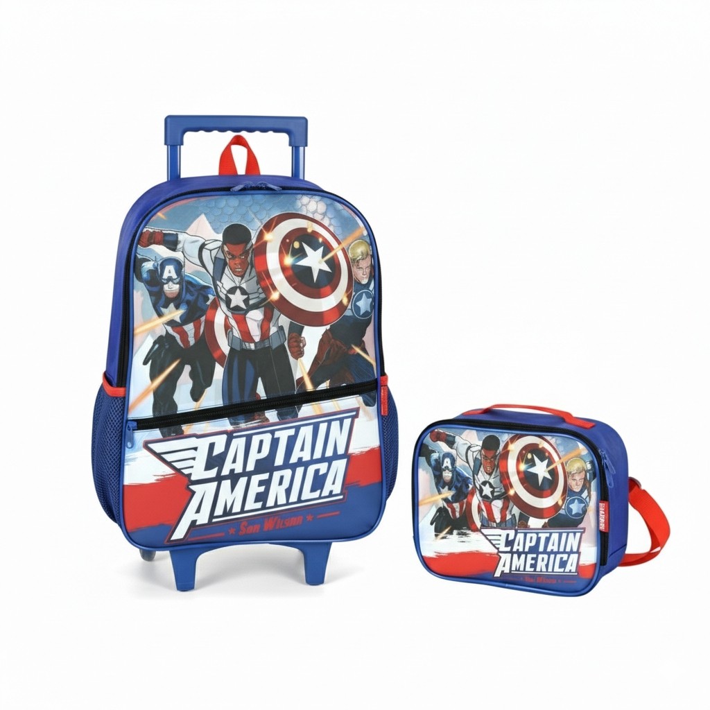 KIT ESCOLAR Mochila Carrinho /Lancheira Azul Avengers Luxcel