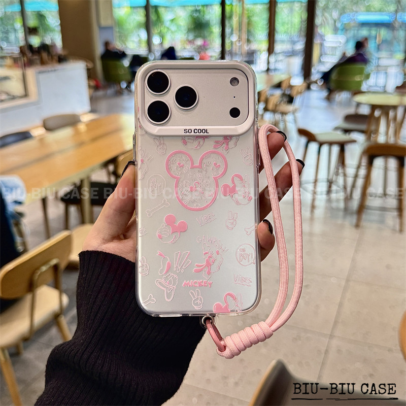 Capinha capa de Mickey Mouse em Linhas iPhone 17 11 12 13 15 14 16 Pro Max Xr Xs Max 7+ 8+ pulseira rosa Capa TPU choque