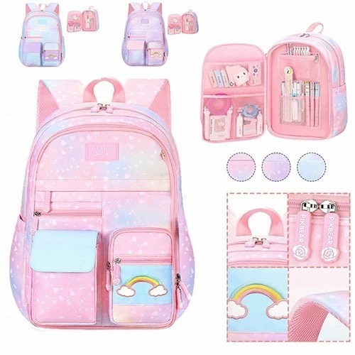 Mochila Escolar Infantil Impermeável com Alça Ergonômica e Múltiplos Bolsos – Rosa Roxa Azul em Oferta na Shopee