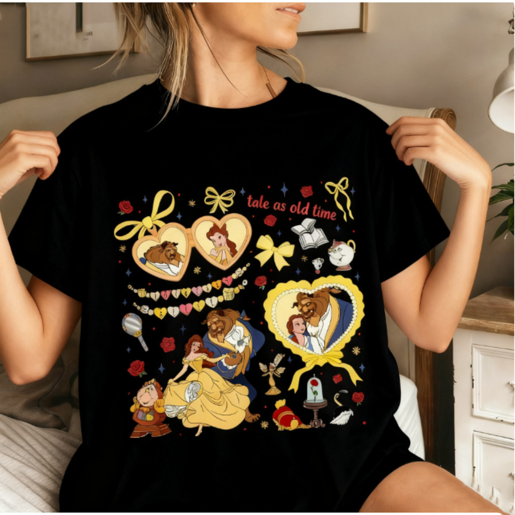 [Camiseta Premium Algodão Puro]LA Camiseta Feminina Casual De Algodão Puro Com Modelagem Solta E Estampa Retrô Da Bela E