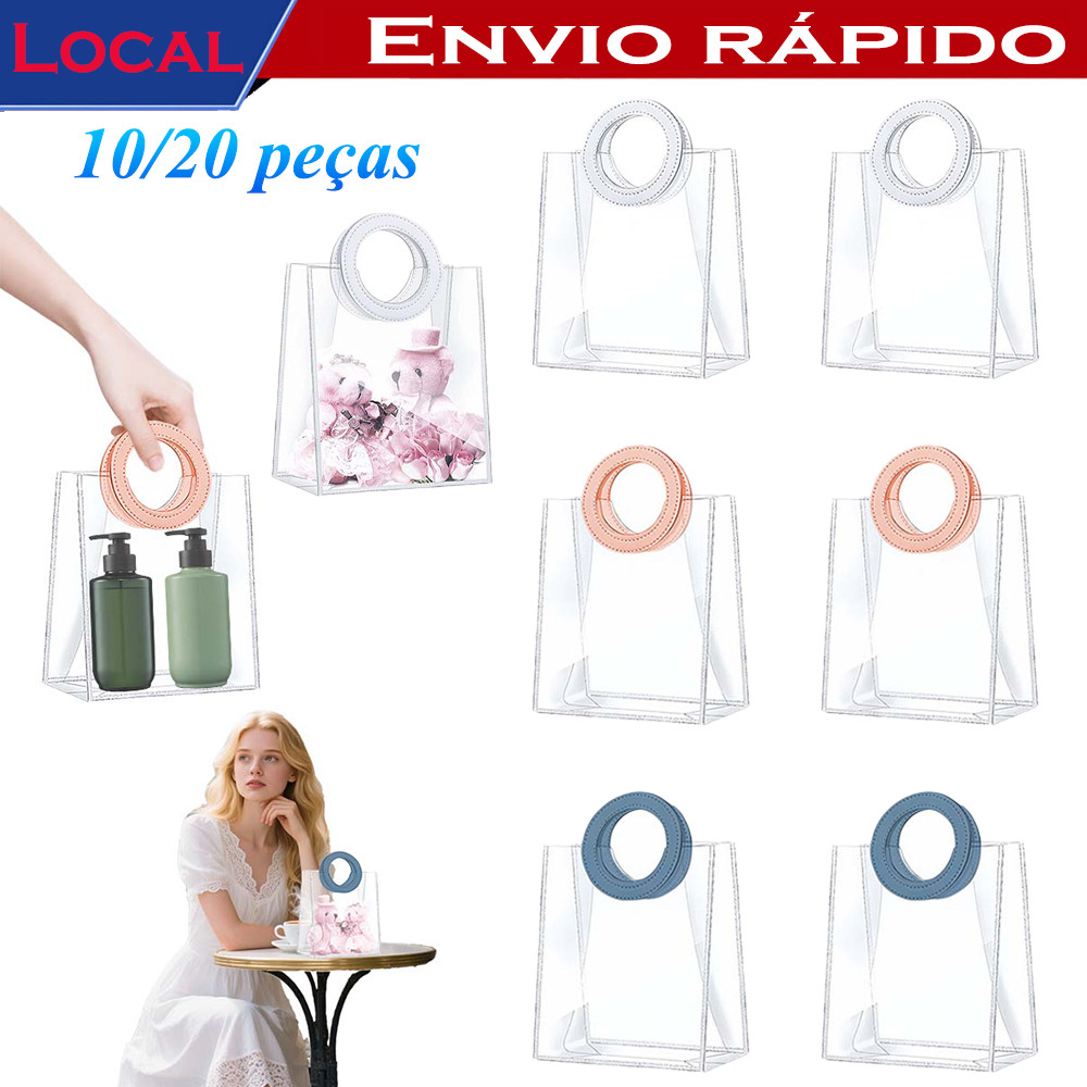 10/20 sacos de presente transparentes,com Redondo alça,plástico reutilizável PVC,para Aniversário,2 Tamanhos,3 Cores