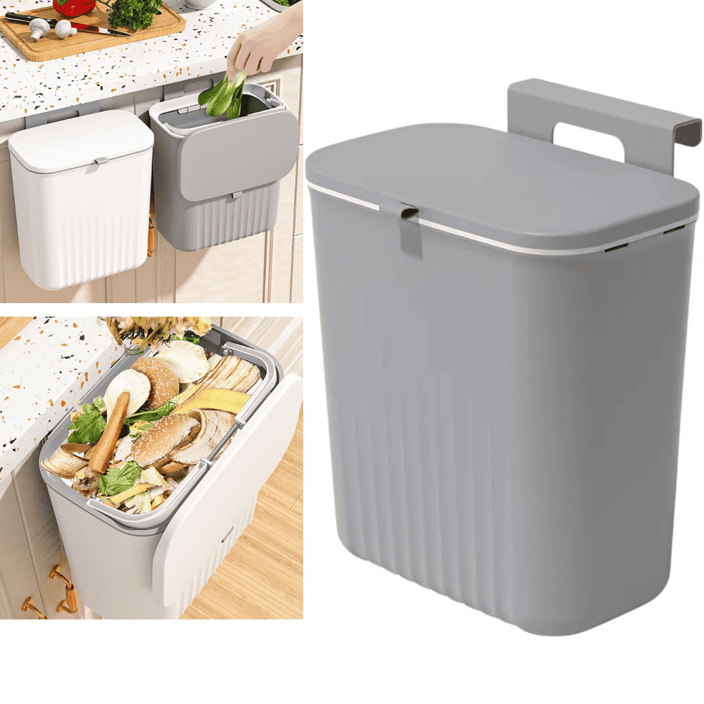 Lixeira suspensa com tampa 9 litros suporte de adesivos e alça de pentura para cozinha e banheiro