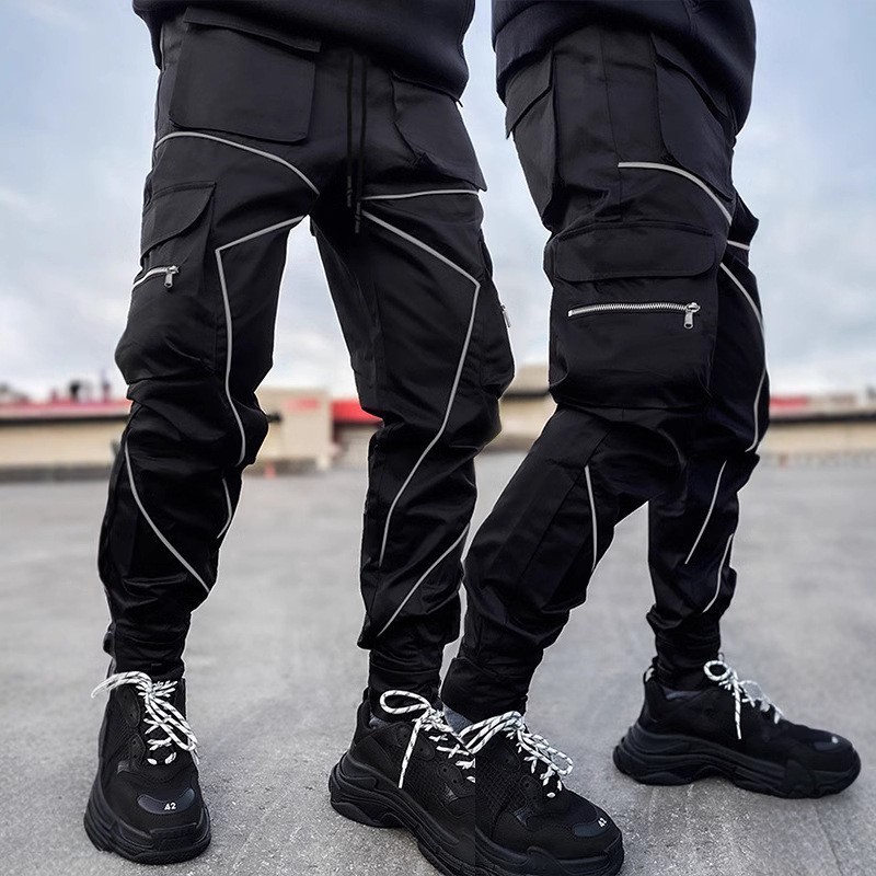Calças Cargo Masculinas com Fita Mágica, Calças Estilo Coreano da Moda, Marca de Calças Casuais Multi-Reflexivas, Versão