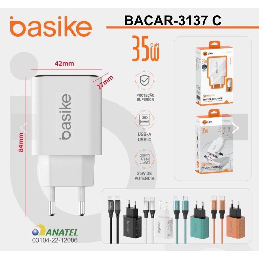 Carregador Turbo 35W  com 1 cabo tipo-c/tipo-c