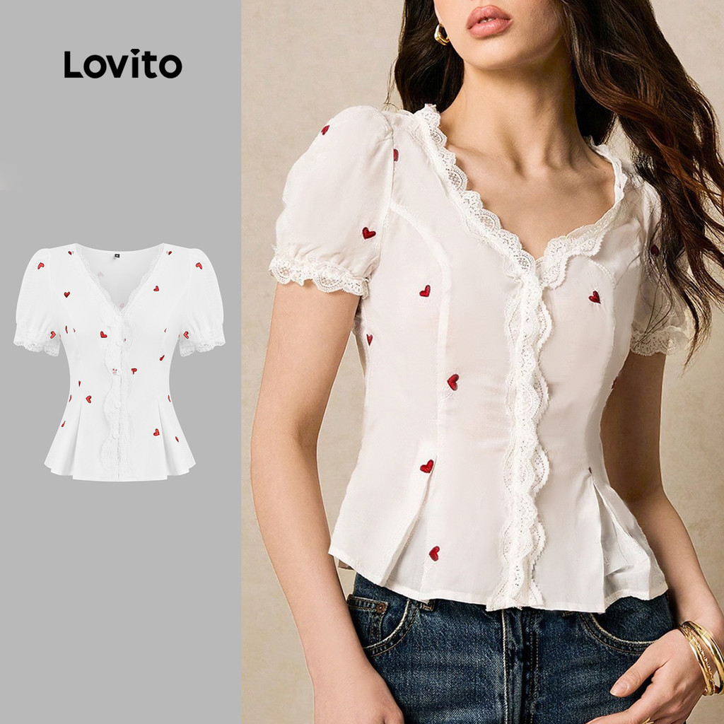Lovito  Blusa Casual de Renda com Botões Primavera/verão Blusa Branca para Mulheres L171ED115 em Oferta na Shopee