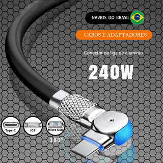 Cabo Carregador Para Carregamento Rápido Tipo C Micro USB iOS Suporta 180 ° Cabos Indicad…