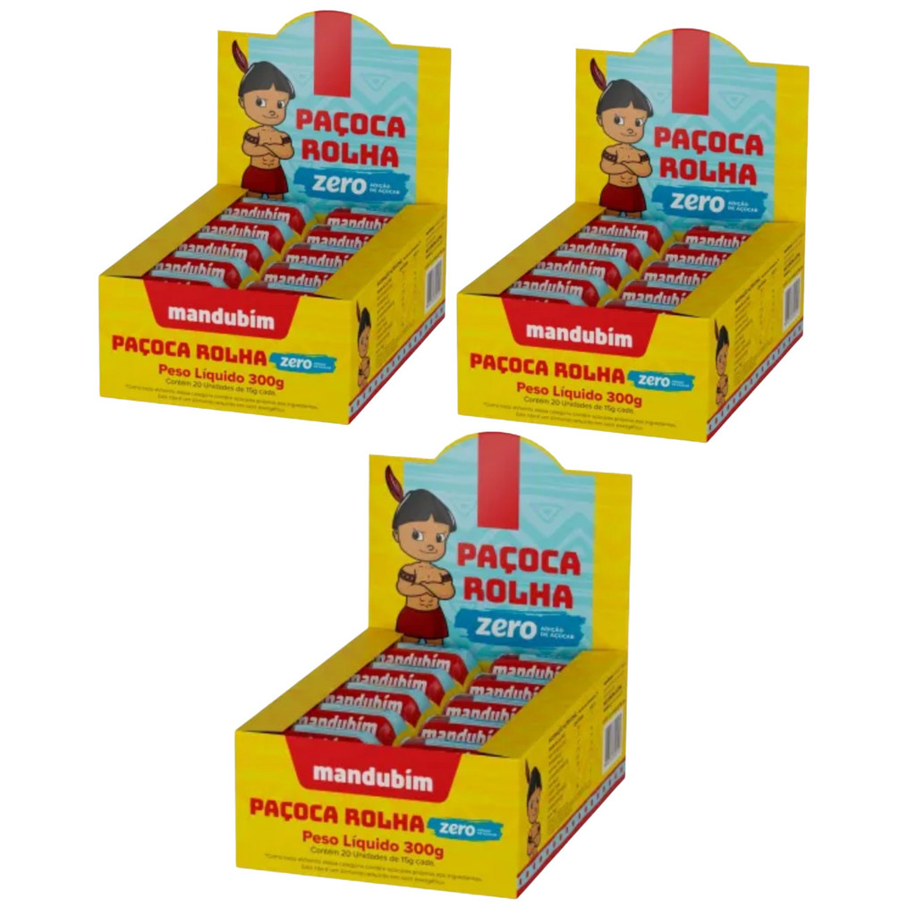 Kit com 3 Display Paçoca Rolha Zero 300g Mandubim