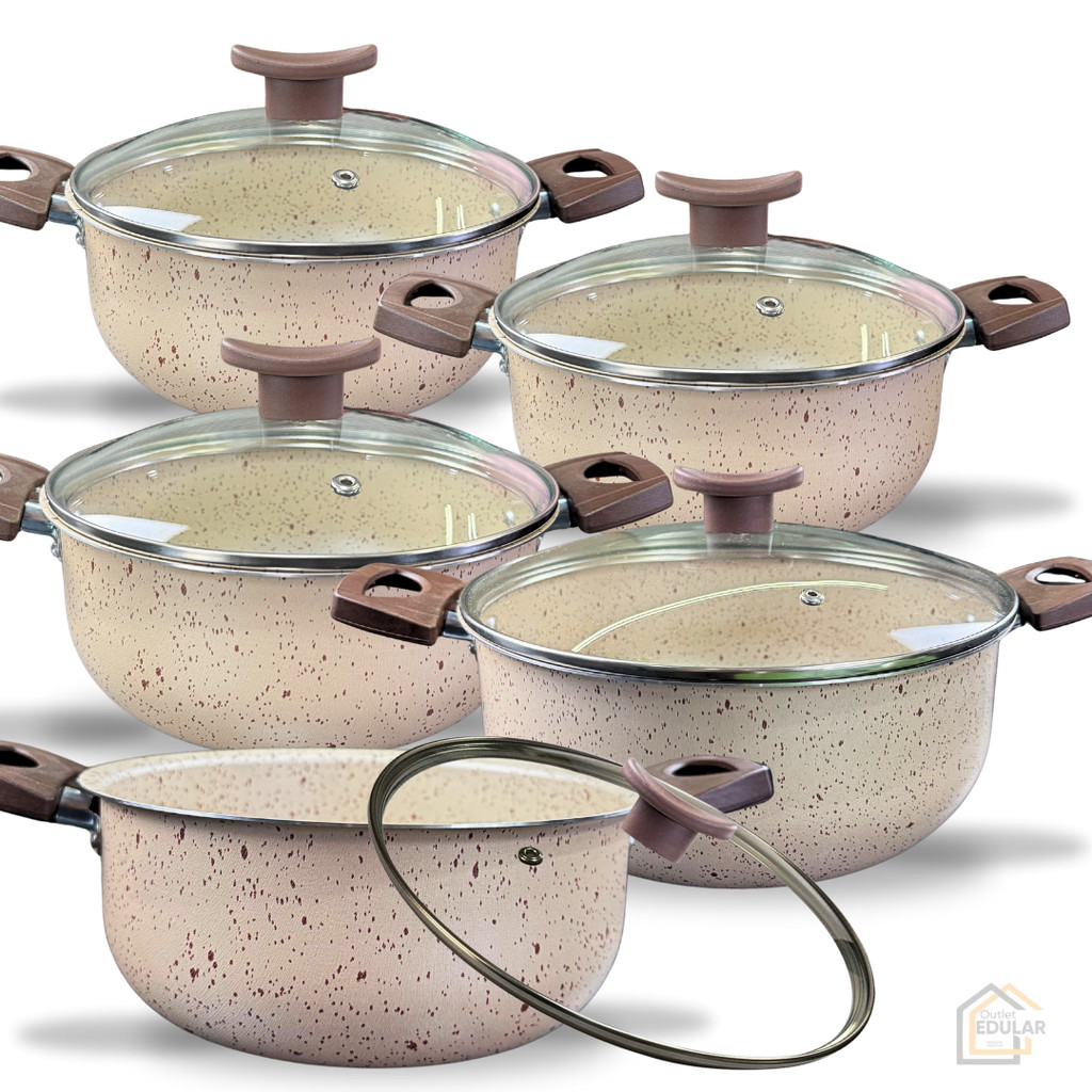 Conjunto de Panelas Caçarolas 5 peças com 6 Camadas de Antiaderente com Tampa Vidro Cor Vanila Bege em Oferta na Shopee