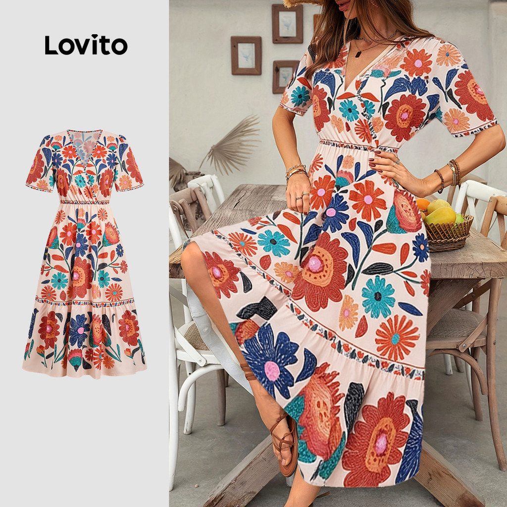 Lovito Vestido Longo Estampado Boho Pregado Primavera/Verão para Mulheres LBL32132 em Oferta na Shopee