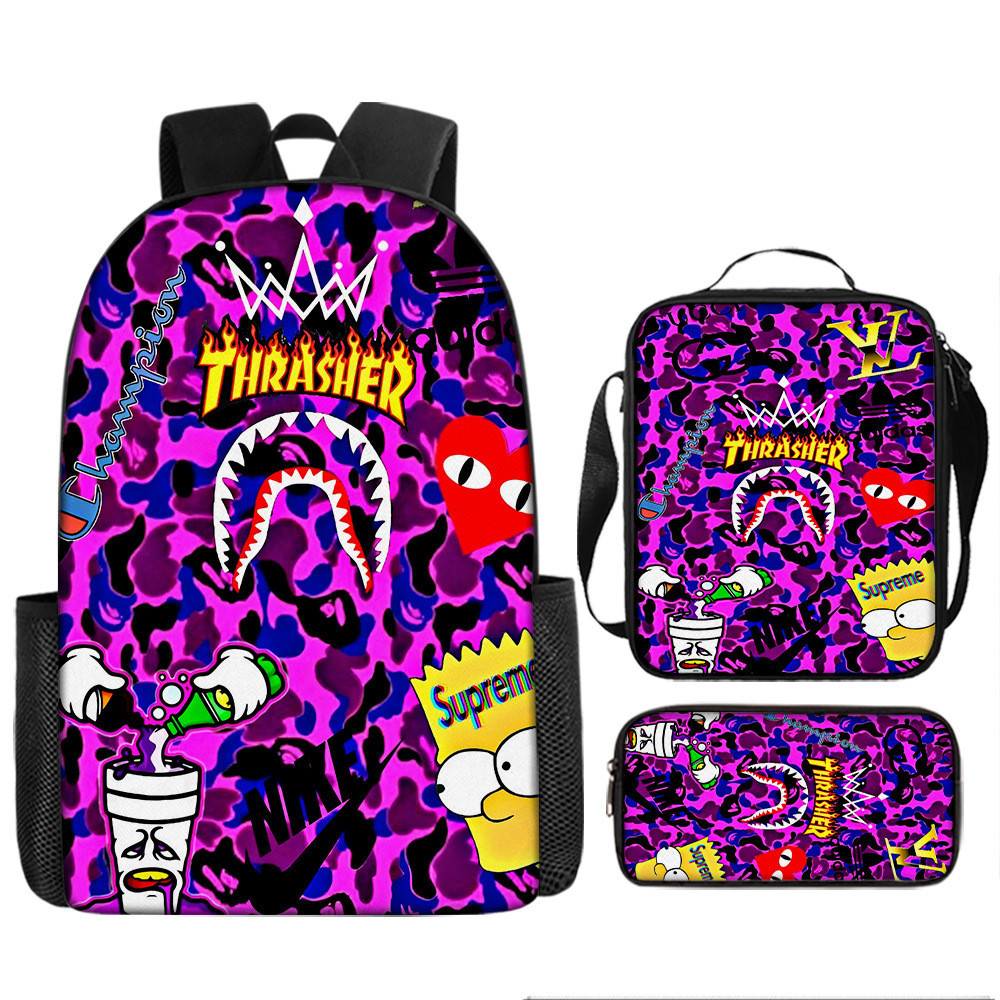 Conjunto de três peças de mochila escolar com desenho de tubarão, mochila versátil para estudantes do ensino fundamental