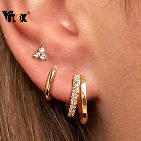Conjunto De Brincos De Piercing De Círculo Pequeno Vnox , Ouro 3 Pares Requintados Argola De Zircônia De Fileira Dupla P