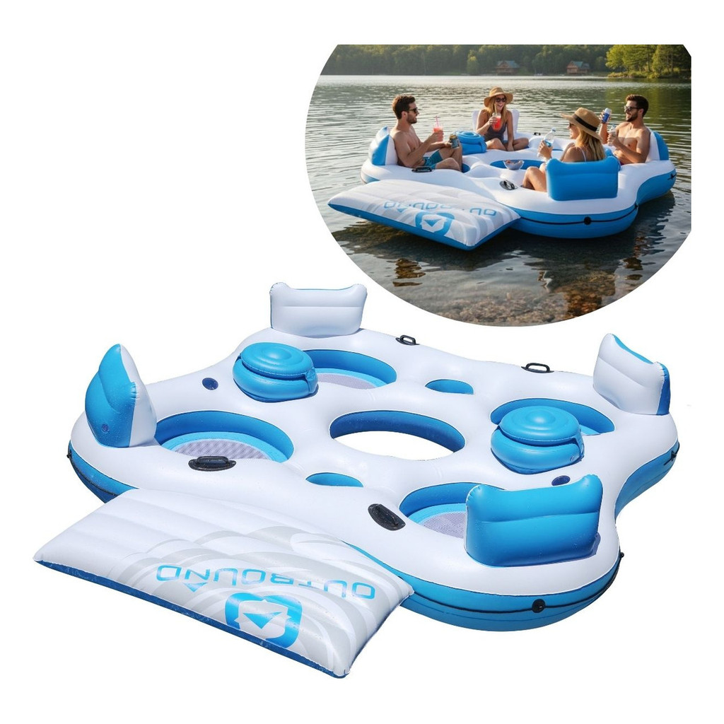 Ilha Flutuante Inflável 4 Pessoas Com Porta Copos Coolers E Deck Para Subir Com Facilidade Para Praia Represa Ou Lago