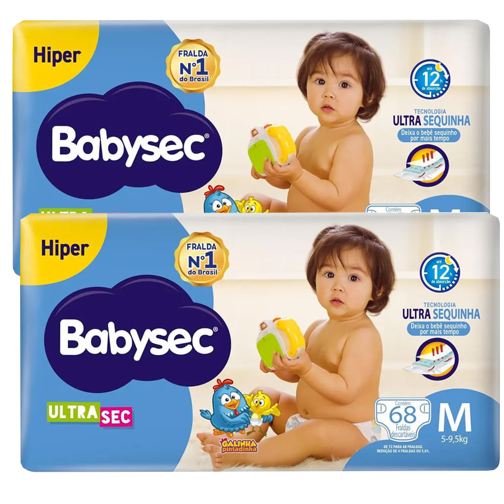 Kit Fralda Descartável Babysec UltraSec Hiper M 68 Unidades - 2 Unidades