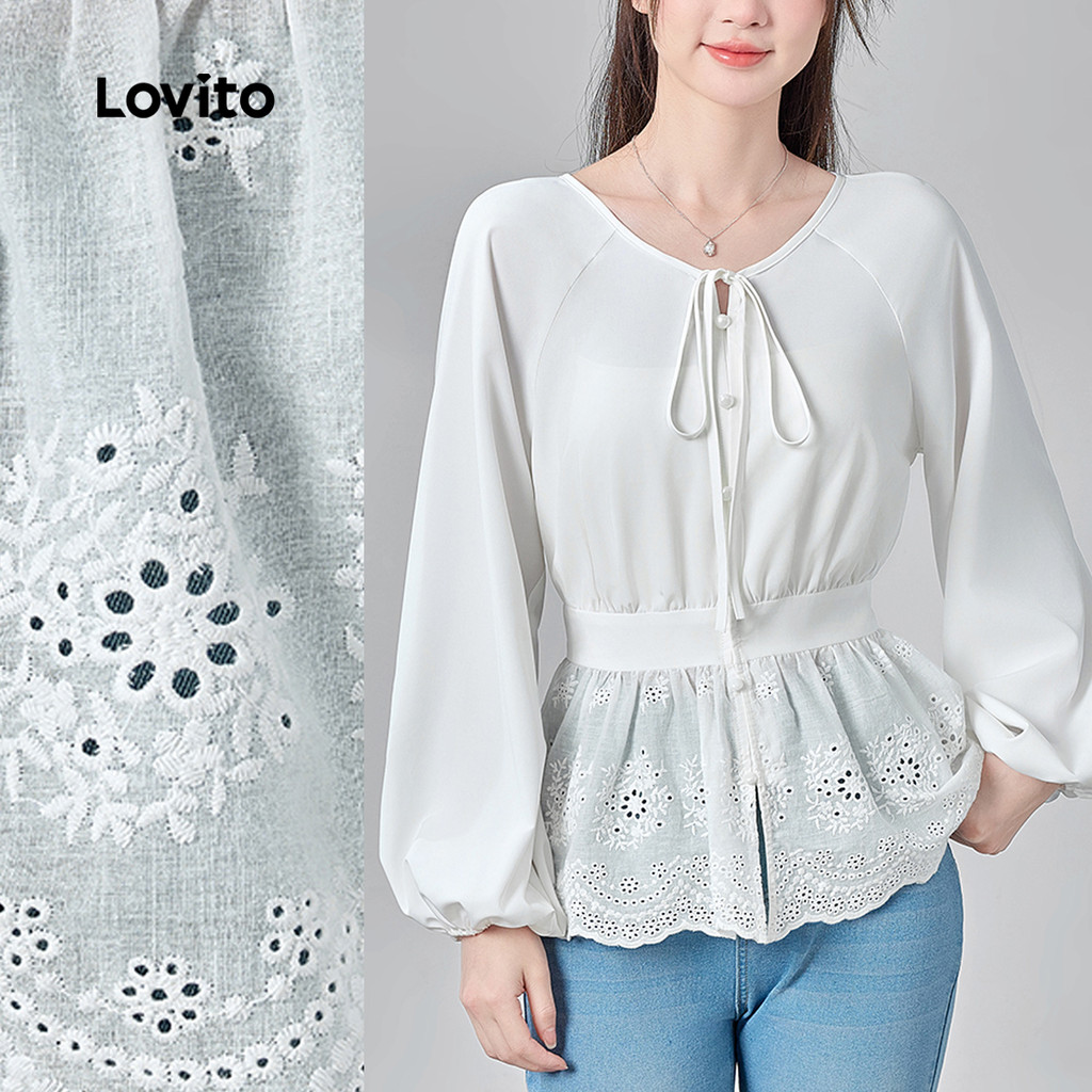 (Refine by Lovito) Blusa Casual Amarração Laço Textura Outono/inverno Blusa Branca para Mulheres. LR29A062 em Oferta na Shopee