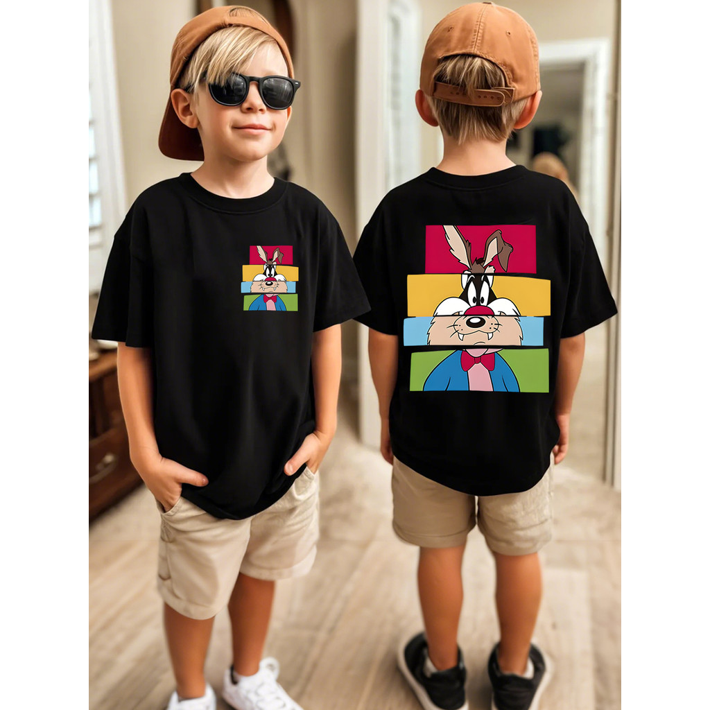 Camiseta Menino Infantil de Manga Curta Pato Daffy Pintinho Tweety Sylvester Casual Desenho Animado