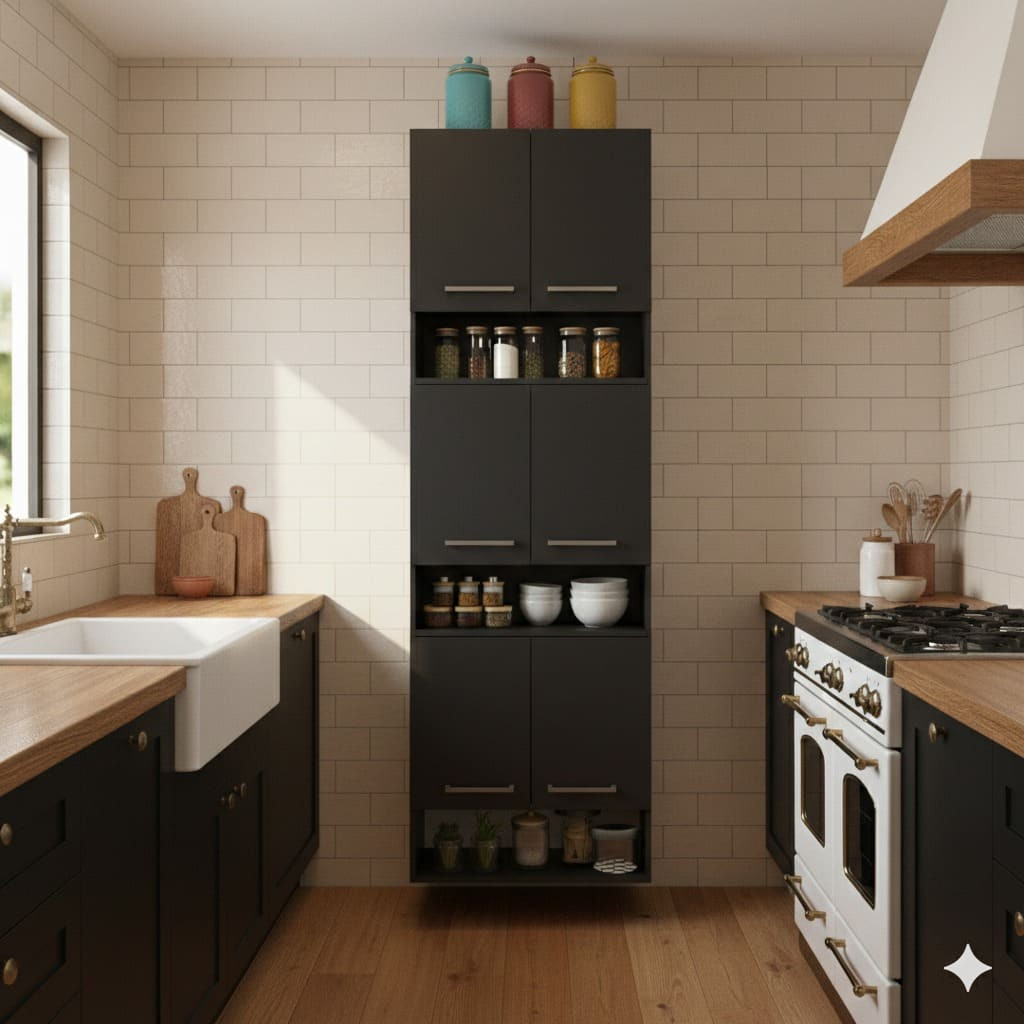 Torre de Cozinha 6 Portas Estilo Industrial Preto Fosco com Nichos para Temperos e Decoração