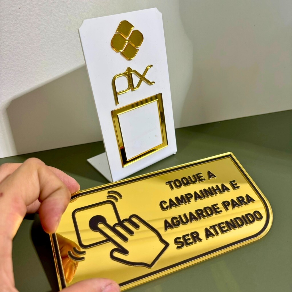KIT PLACA PIX DISPLAY DE PAGAMENTO  E PLACA TOQUE A CAMPAINHA EM ACRILICO ESPELHADO 