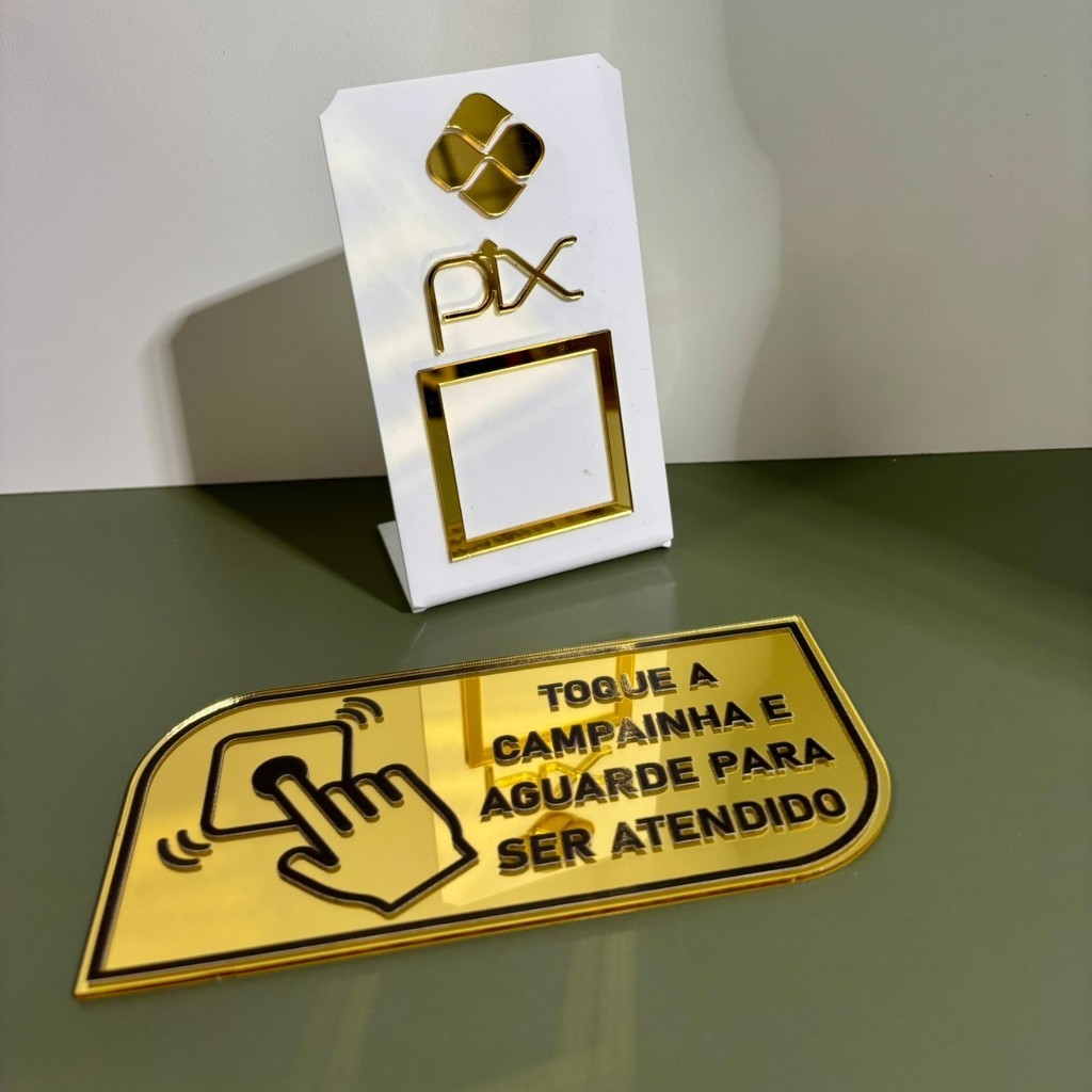 Kit Placa Pix Qr Code + Placa Toque A Campainha Acrílico Espelhado Display Balcão Loja Comércio