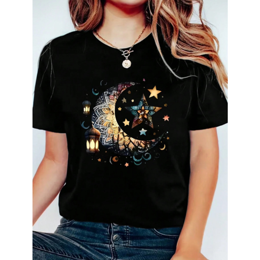 Camiseta Folgada Feminina Casual E Confortável Em Puro Algodão Com Estampa De Céu, Lua E Estrelas
