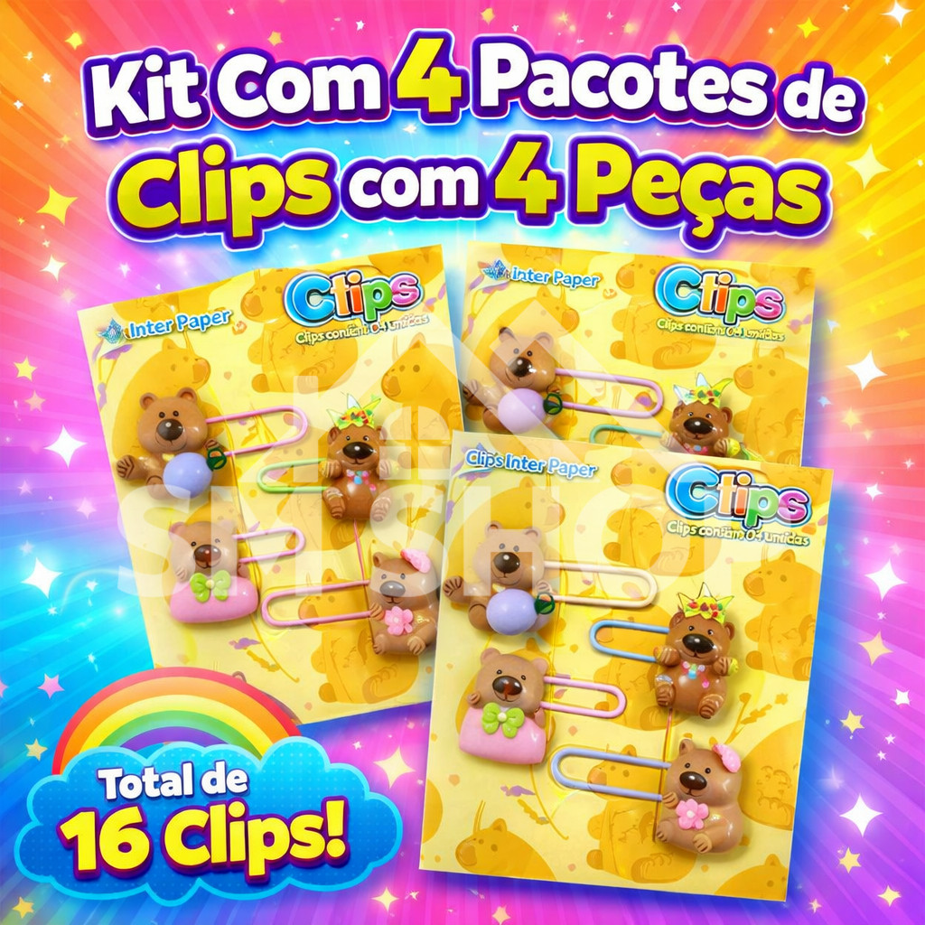 Kit Com 4 Pacotes de Clips de Papel Metal Decorado Colorido 4 Peças Capivara Para Agenda Caderno