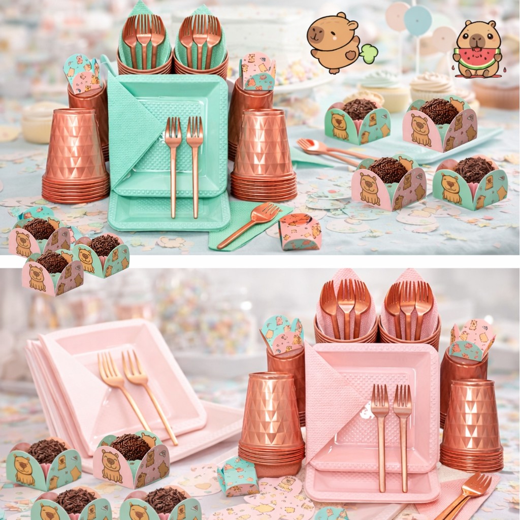Kit 230 Itens Festa Aniversário Tema Capivara Com Forminha Doce Personalizada Descartáveis Para Festas Bolo Sobremesa