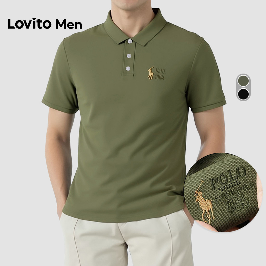 Lovito Men Camisa Polo Casual Bordada Primavera/verão Verde Camisa Polo para Homens LNE131066 em Oferta na Shopee