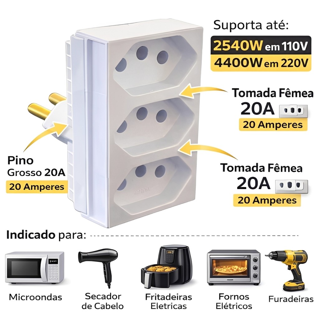 Adaptador Tomada 3 Saídas 20A Ilumi Padrão Brasileiro 2P+T Monobloco