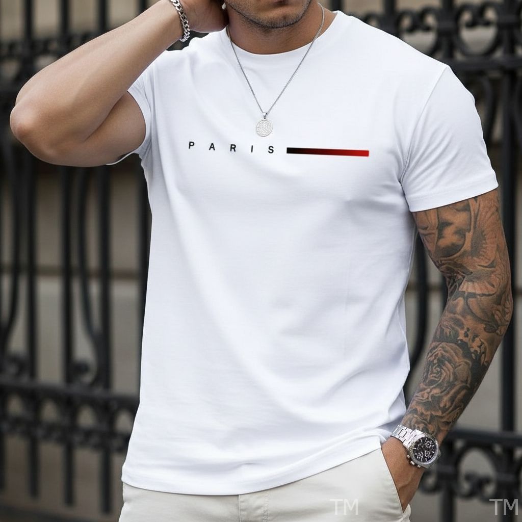 Camiseta Básica Casual Masculina Estampada Paris Gradiente Street Malha Respirável Academia