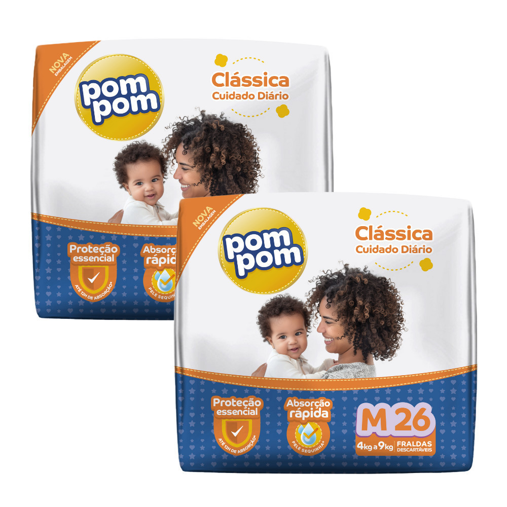 Pack 2x Fralda Pompom Clássica Jumbo M com 26un Cada - Barreiras antivazamento