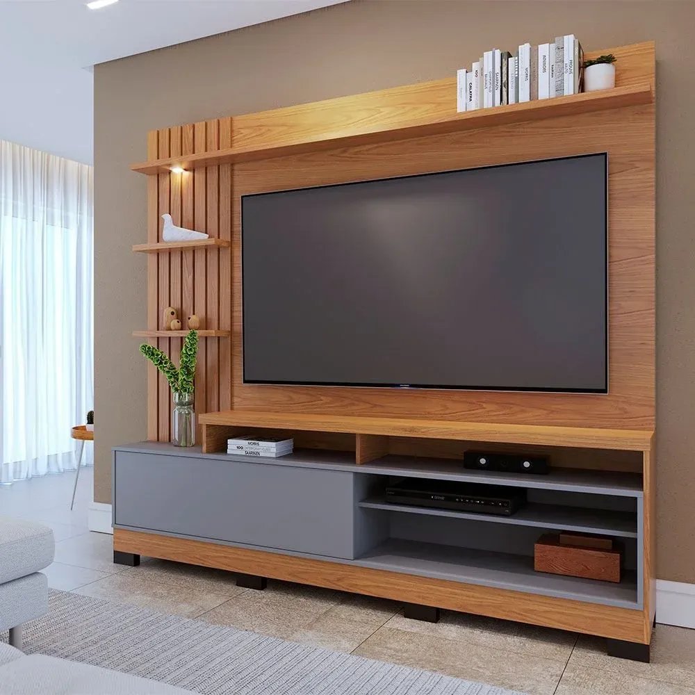 Estante Ripado Home Theater para TVs até 65 Polegadas com LED 1 Porta 4 Nichos Maceió Colibri Móveis Freijó/Cinza em Oferta na Shopee