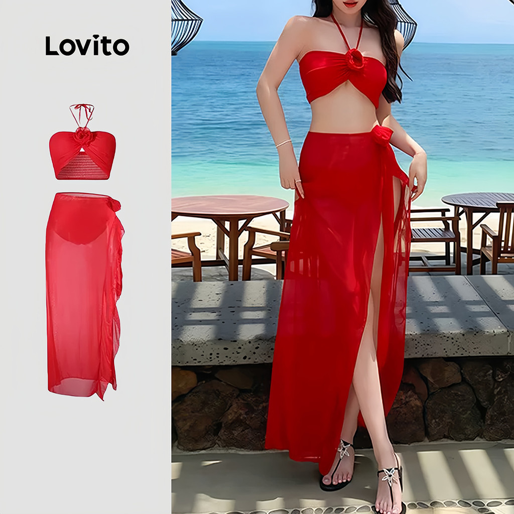 Lovito   Conjuntos de Biquíni Sexy Conjuntos de Biquíni Vermelho de Renda com 3 Peças para Mulheres LNE134040 em Oferta na Shopee