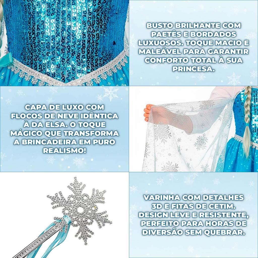 Fantasia Frozen Infantil Vestido Elsa Luxuoso com Capa + Varinha M`ágica Tiara com Trança e Coroa — imagem 2 de 2