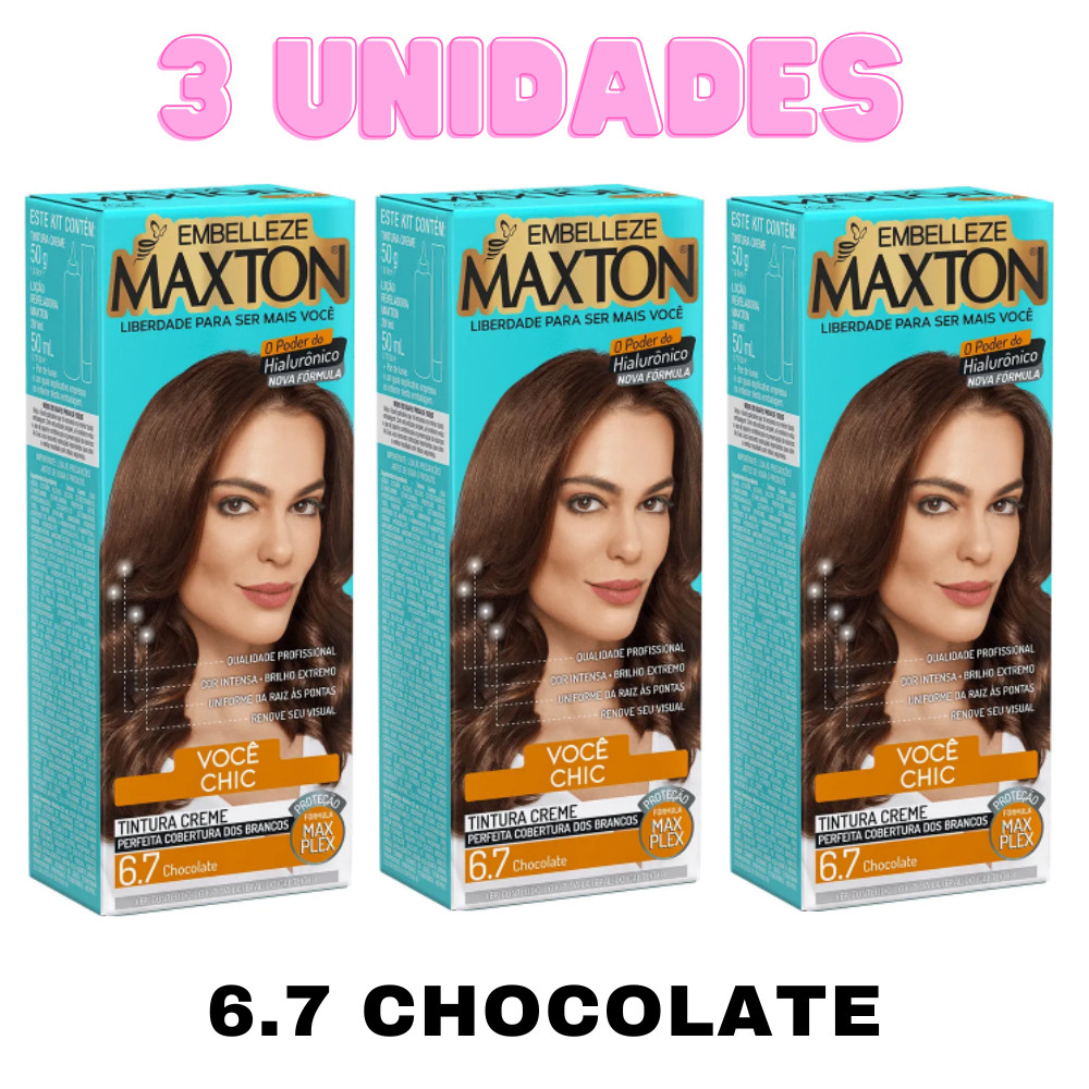 KIT C/ 2 OU 3 TINTURA EM CREME MAXTON EMBELLEZE 6.7 CHOCOLATE - COBERTURA DOS BRANCOS
