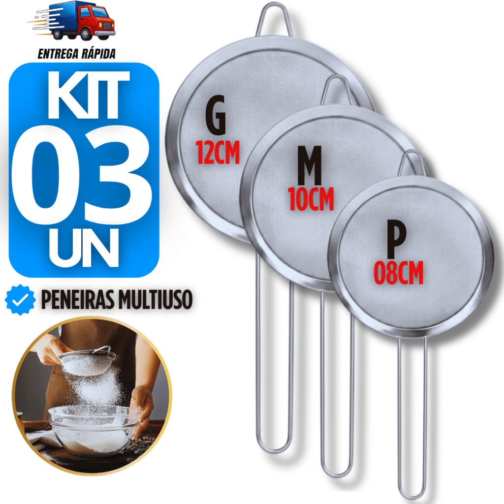Utensílios 3 Peneira Coador de Aço Inox 8cm 10cm 12cm para Cozinha Casa Restaurante Óleo Farinha Multiuso Utilidades