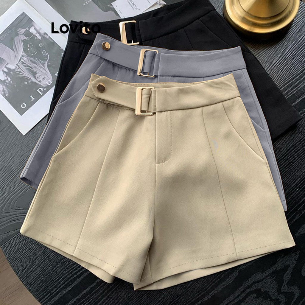 Lovito Shorts Casuais De Verão/primavera, Lisos, Assimétricos, Com Bolso De Metal, Para Mulheres LNL48148 em Oferta na Shopee