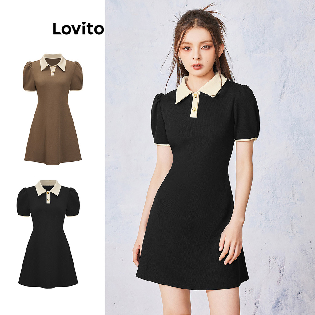Lovito Vestido Casual Liso Com Gola Contrastante Para Mulheres L55AD057 (Multicolorido) em Oferta na Shopee