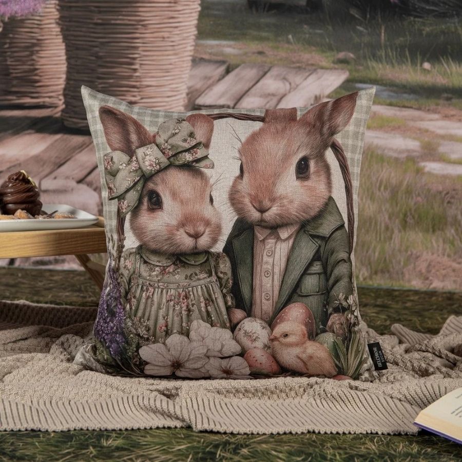 Capa para Almofada de Páscoa Premium - Casal de Coelhos - Xadrez Verde - 43x43cm - 1 unidade - Rizzo em Oferta na Shopee