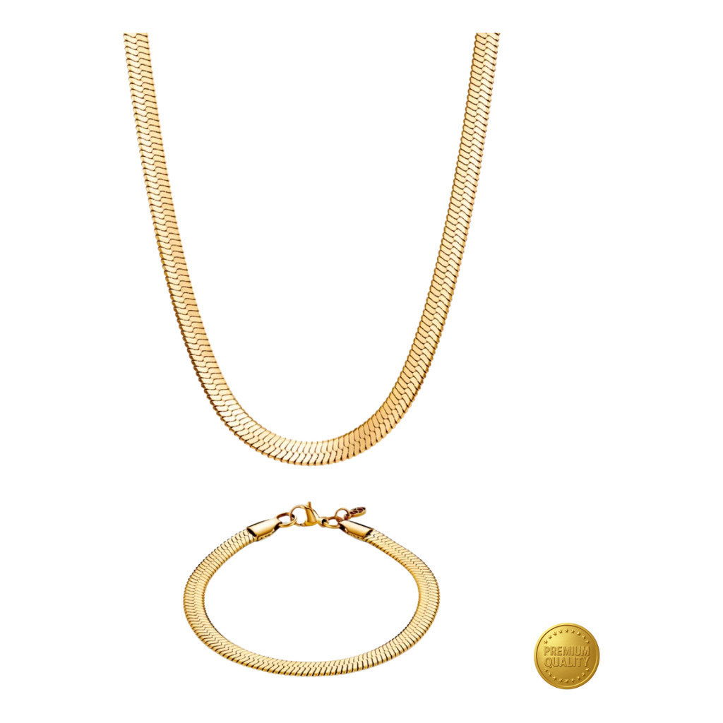 Kit Conjunto Colar Choker e Pulseira Fita Laminada – Folheado a Ouro 18K – Feminino Elegante