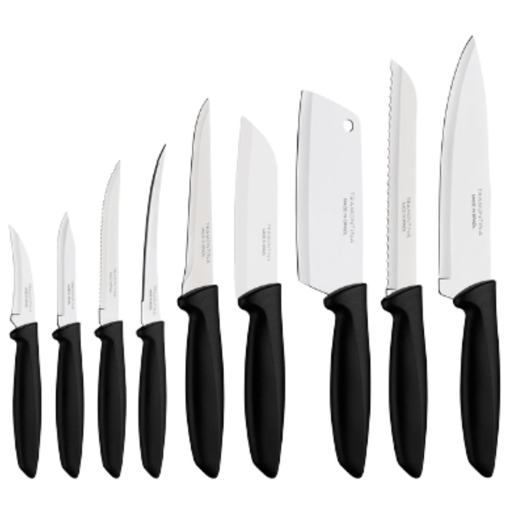 Kit Jogo de Facas Faqueiro Tramontina Plenus 9 Peças Sortidas Chef  Carnes Pão Frutas Aço Inox Preto em Oferta na Shopee