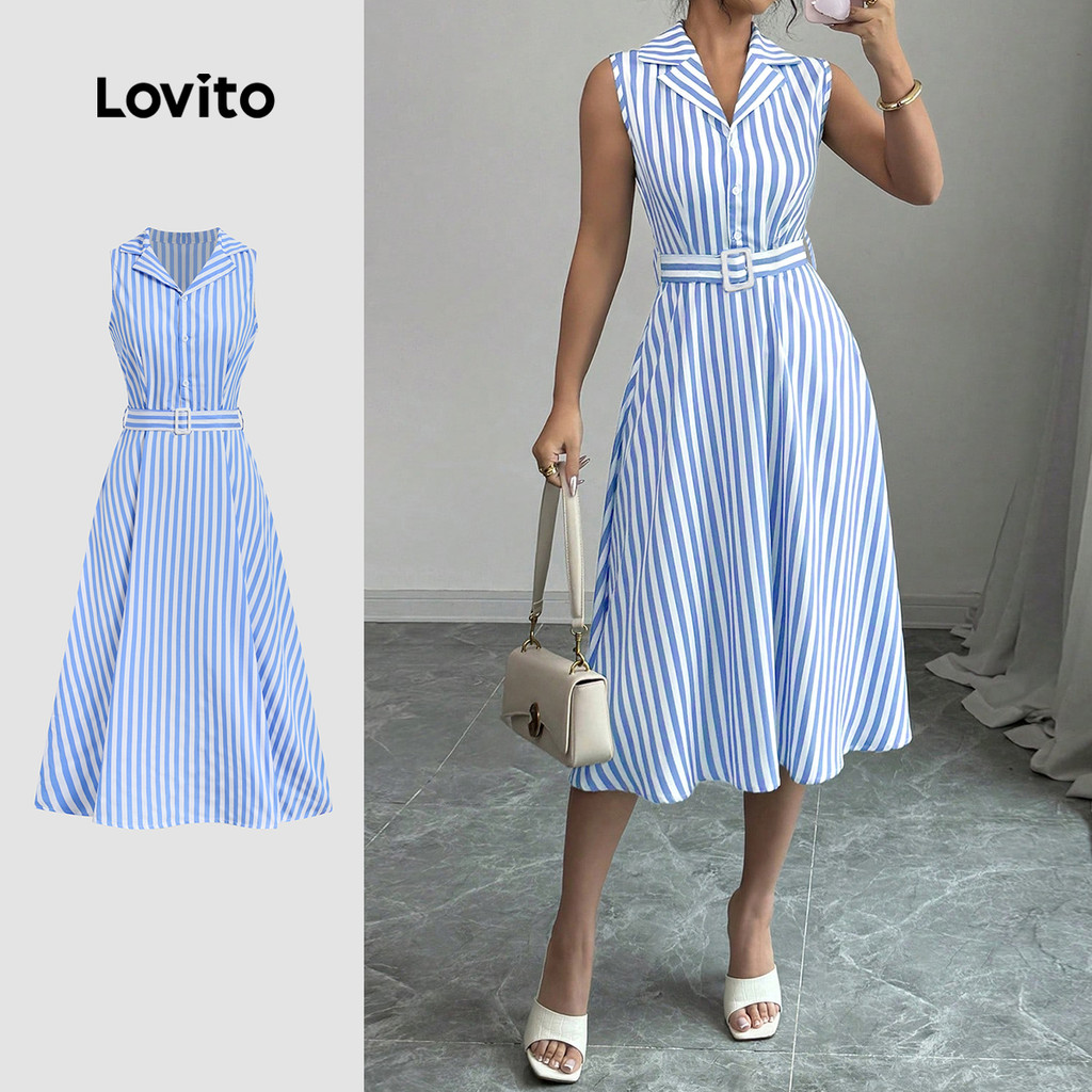 Lovito Vestido Casual com cinto e botão primavera/verão vestido azul para mulheres LBL32252 em Oferta na Shopee
