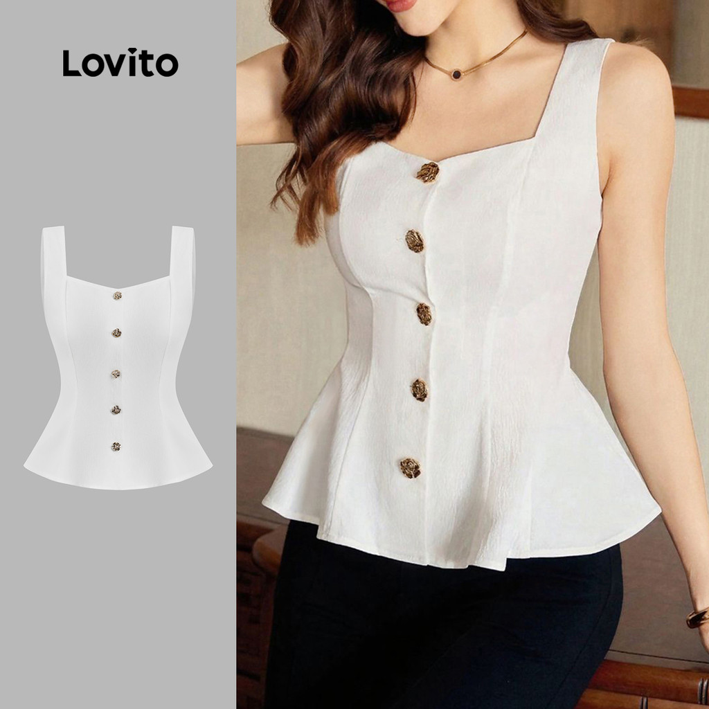 Lovito  Top Elegante com Botão Branco para Mulheres L171AD085 em Oferta na Shopee