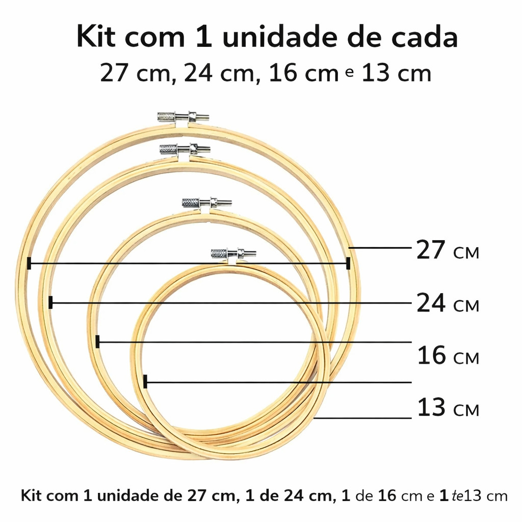 Kit 4 Bastidores De madeira Bambu com tarracha para Bordado - 13/16/24/27 cm (um de cada) em Oferta na Shopee