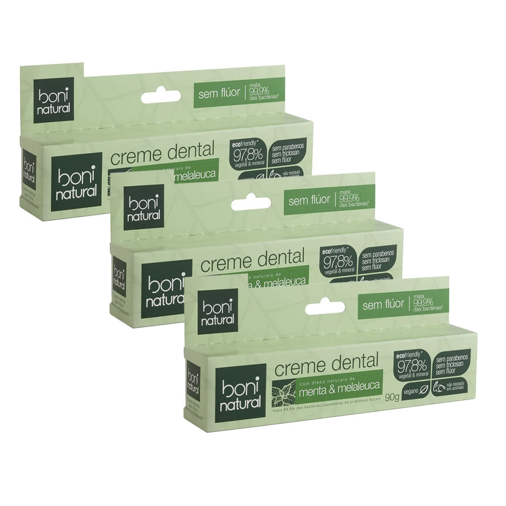 kit Creme Dental Boni Natural Sem Flúor Menta e Melaleuca 90g - 3 Unidades em Oferta na Shopee